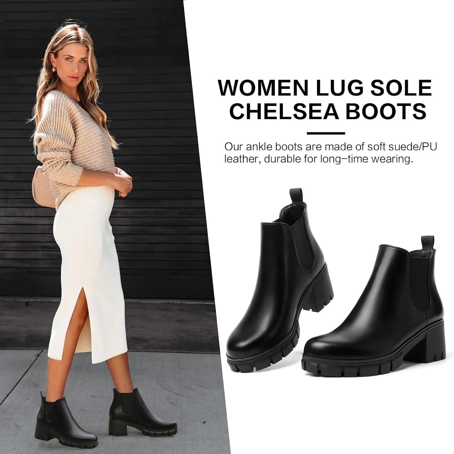 Women's Chelsea Boots Lug Sole Chunky Heel Slip on Ankle Booties