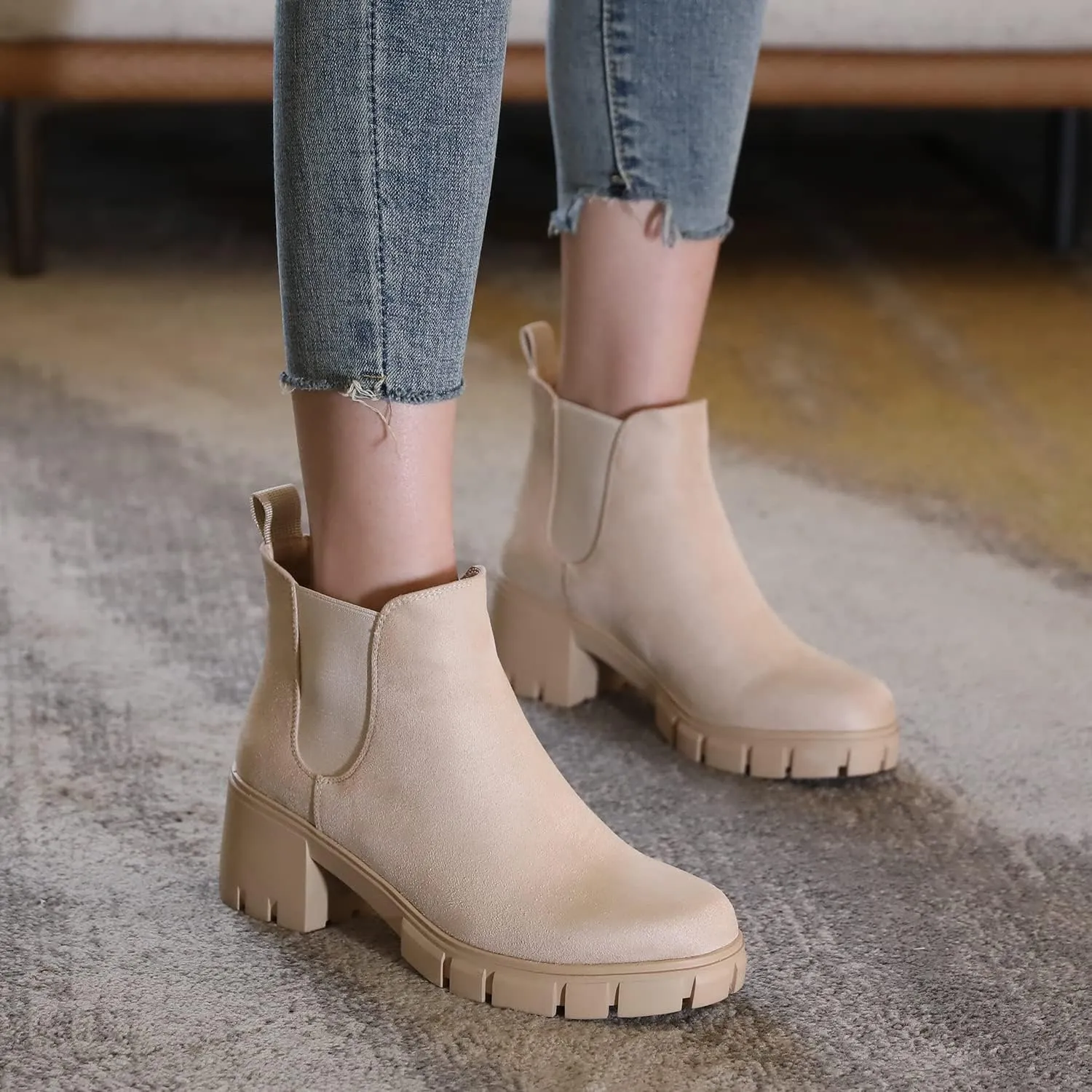 Women's Chelsea Boots Lug Sole Chunky Heel Slip on Ankle Booties