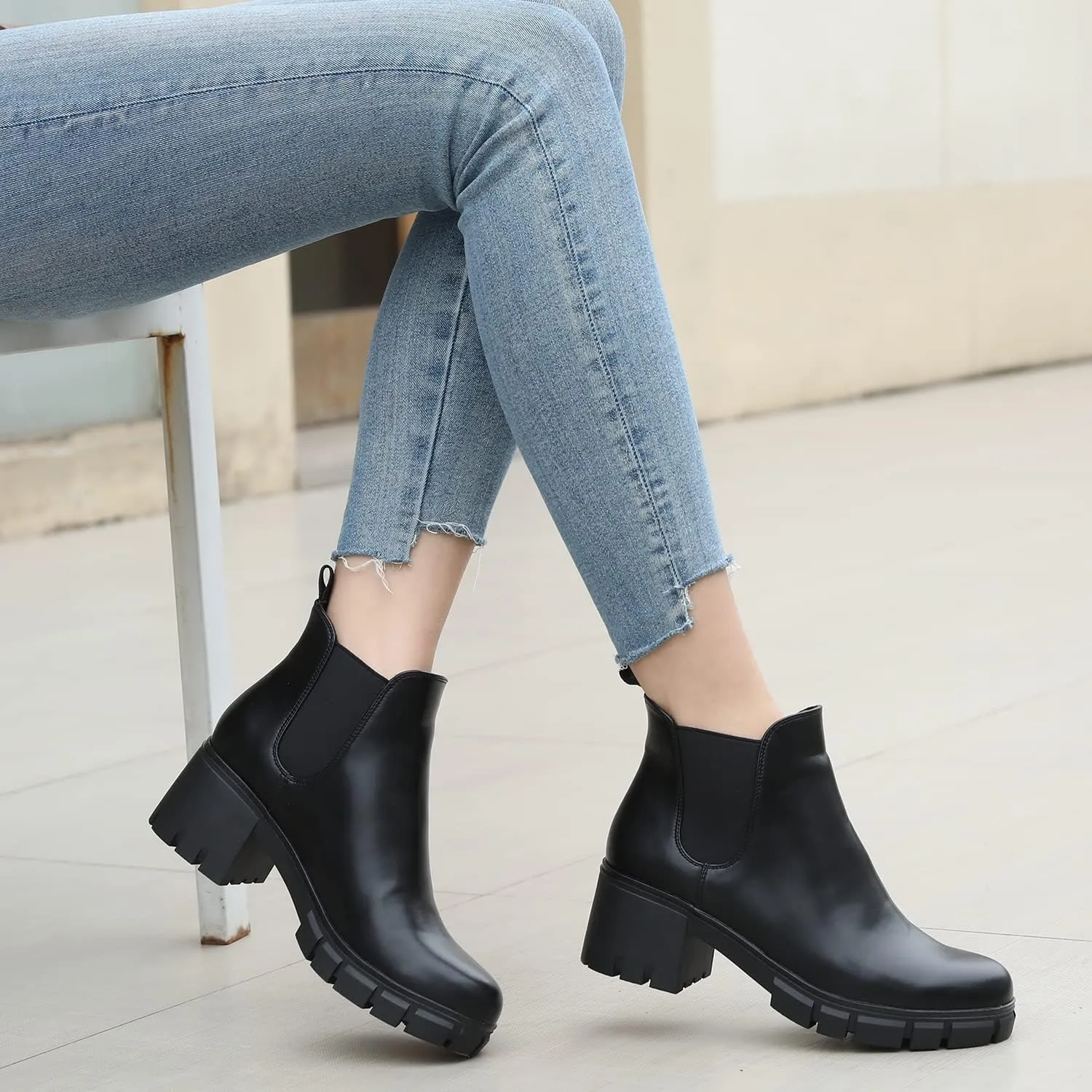 Women's Chelsea Boots Lug Sole Chunky Heel Slip on Ankle Booties