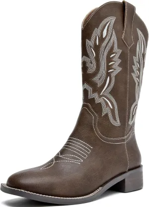 Womens Cowboy Boots Mid Calf Cowgirl Boots with Classic Embroidered Chunky Heel Western Boots