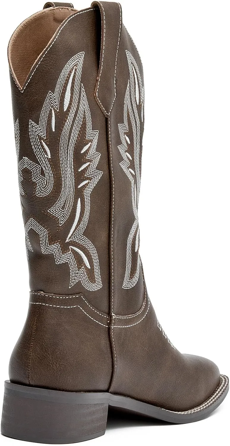 Womens Cowboy Boots Mid Calf Cowgirl Boots with Classic Embroidered Chunky Heel Western Boots