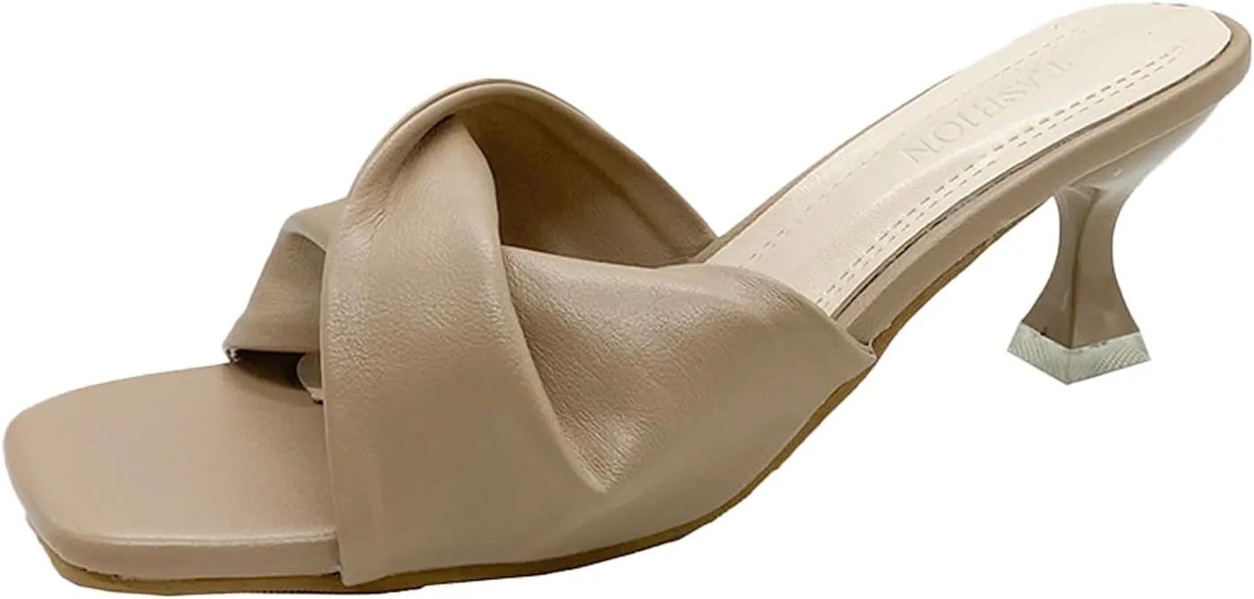 Women's Cross Strap Leather Kitten Heel Slip-On Sandals Fashion Square Open Toe Low Heel Party Mule Sandals for Daily Outdoor Evening Dating
