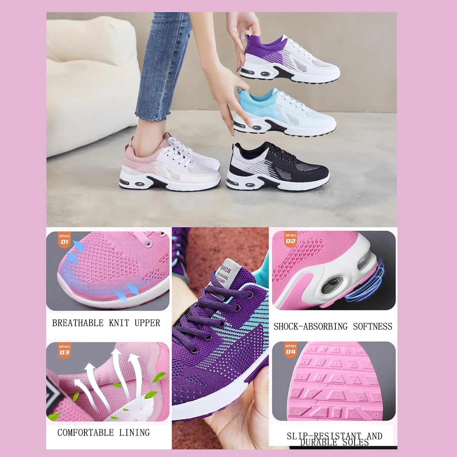 Women's Cushion Sneakers-Breathable, Non-Slip Walking Shoes with Shock-Absorbing Comfort,Lightweight Shock for Outdoor