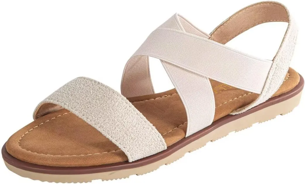 Women's Elastic Flat Sandals - Comfort Open Toe Elastic ankle strap Slip on Casual Walking Summer Shoes