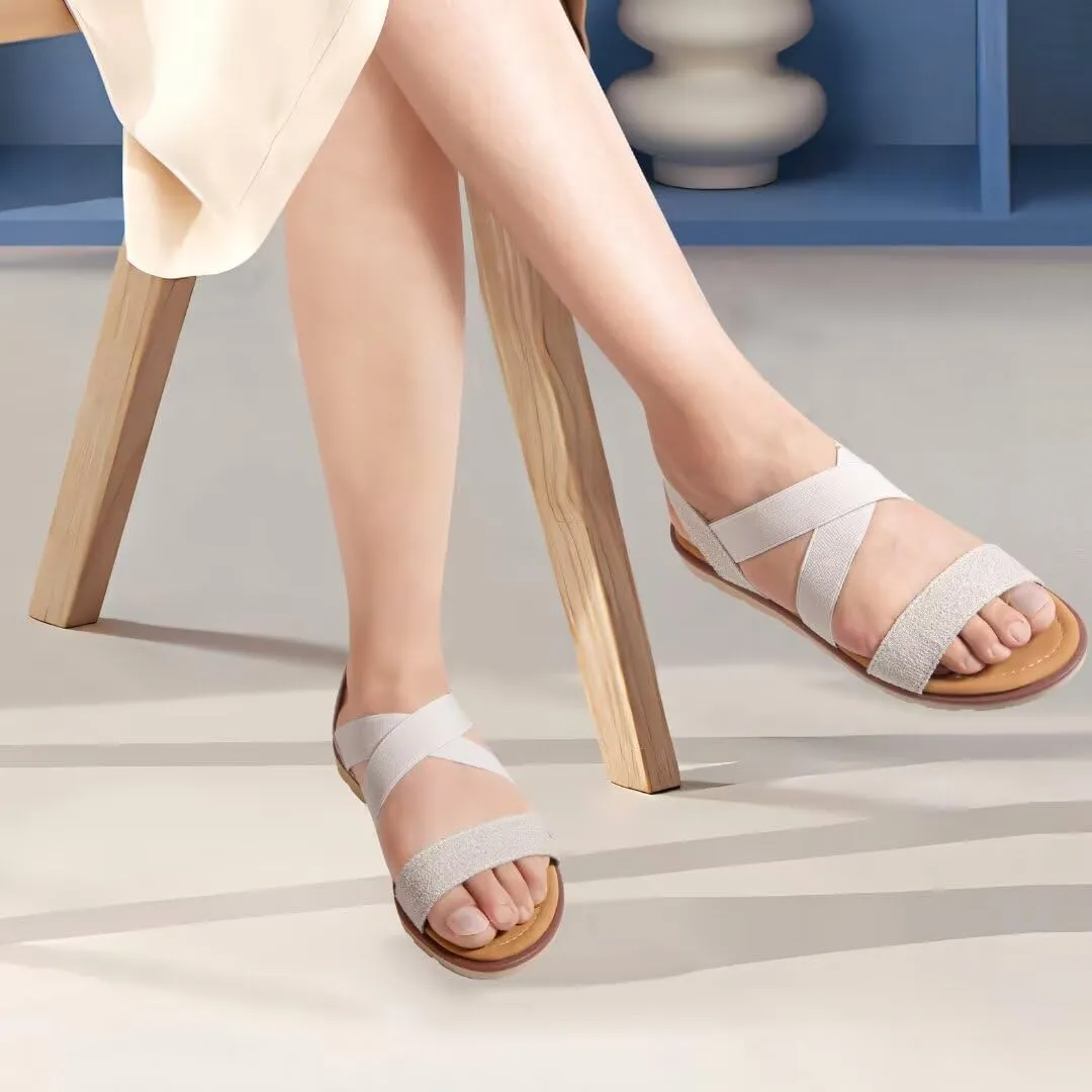 Women's Elastic Flat Sandals - Comfort Open Toe Elastic ankle strap Slip on Casual Walking Summer Shoes