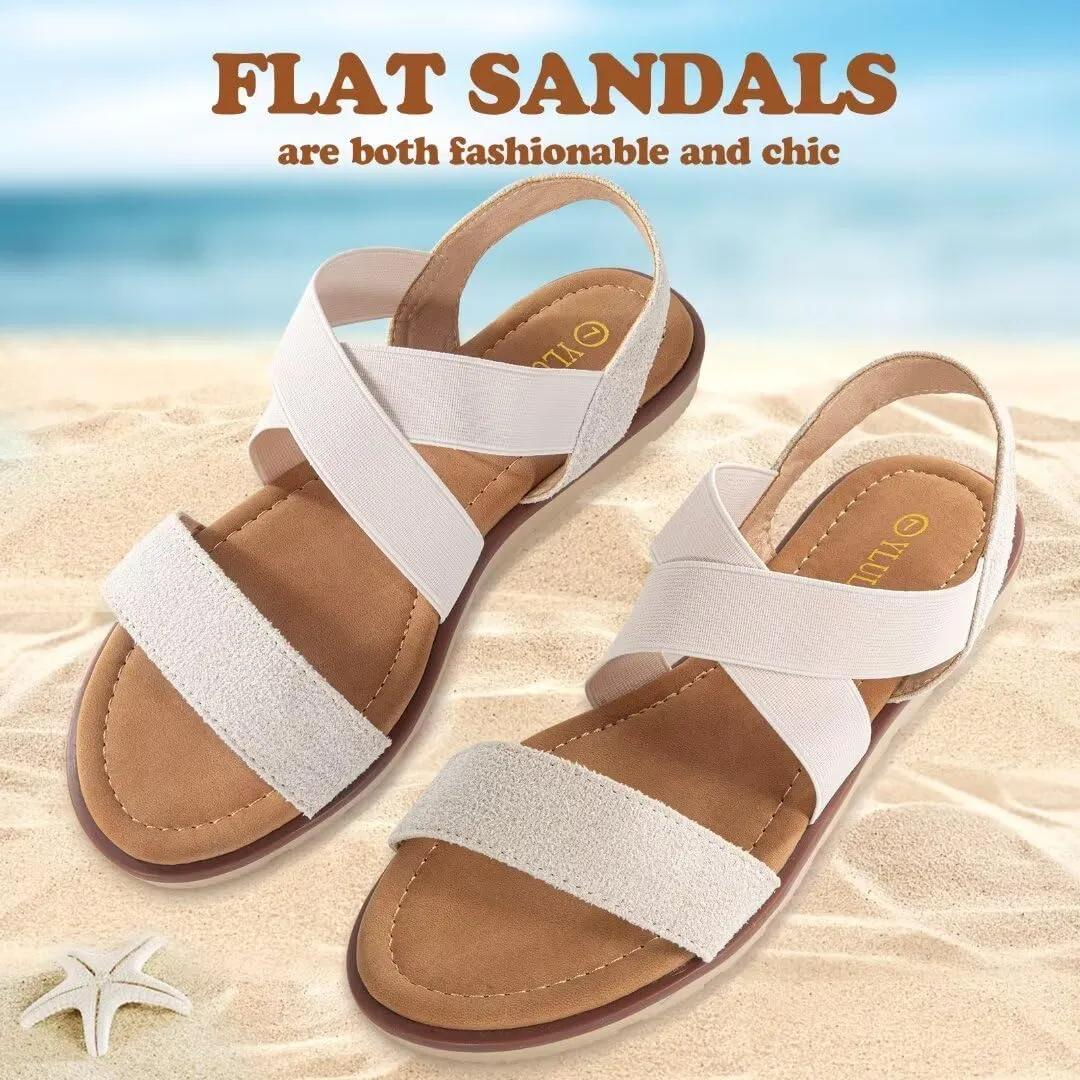 Women's Elastic Flat Sandals - Comfort Open Toe Elastic ankle strap Slip on Casual Walking Summer Shoes