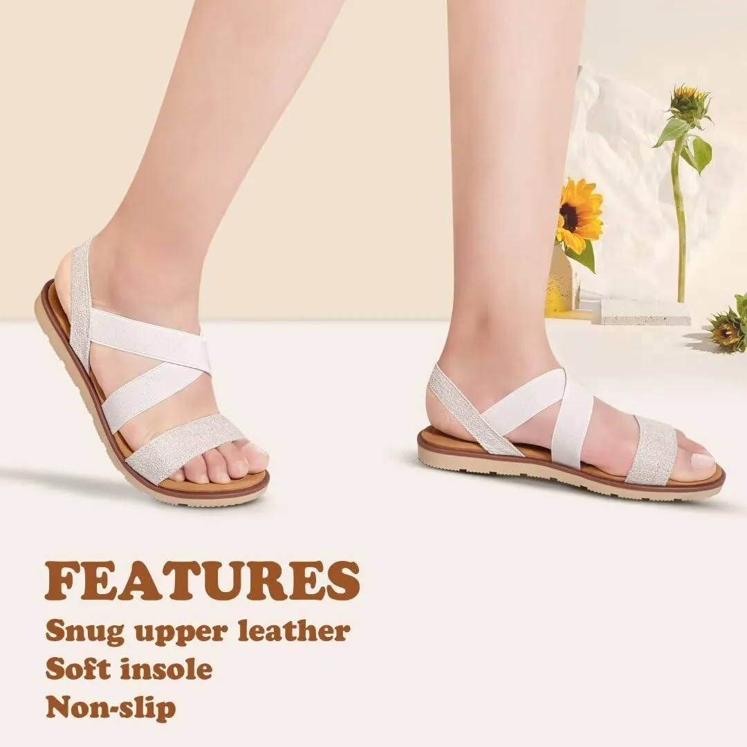 Women's Elastic Flat Sandals - Comfort Open Toe Elastic ankle strap Slip on Casual Walking Summer Shoes