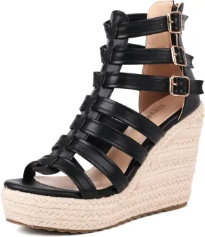 Women's Espadrilles Platform Wedge Sandals 4 Inch Adjustable Strappy with Back Zipper Open Toe Summer Vacation Dressy Wedge Heels