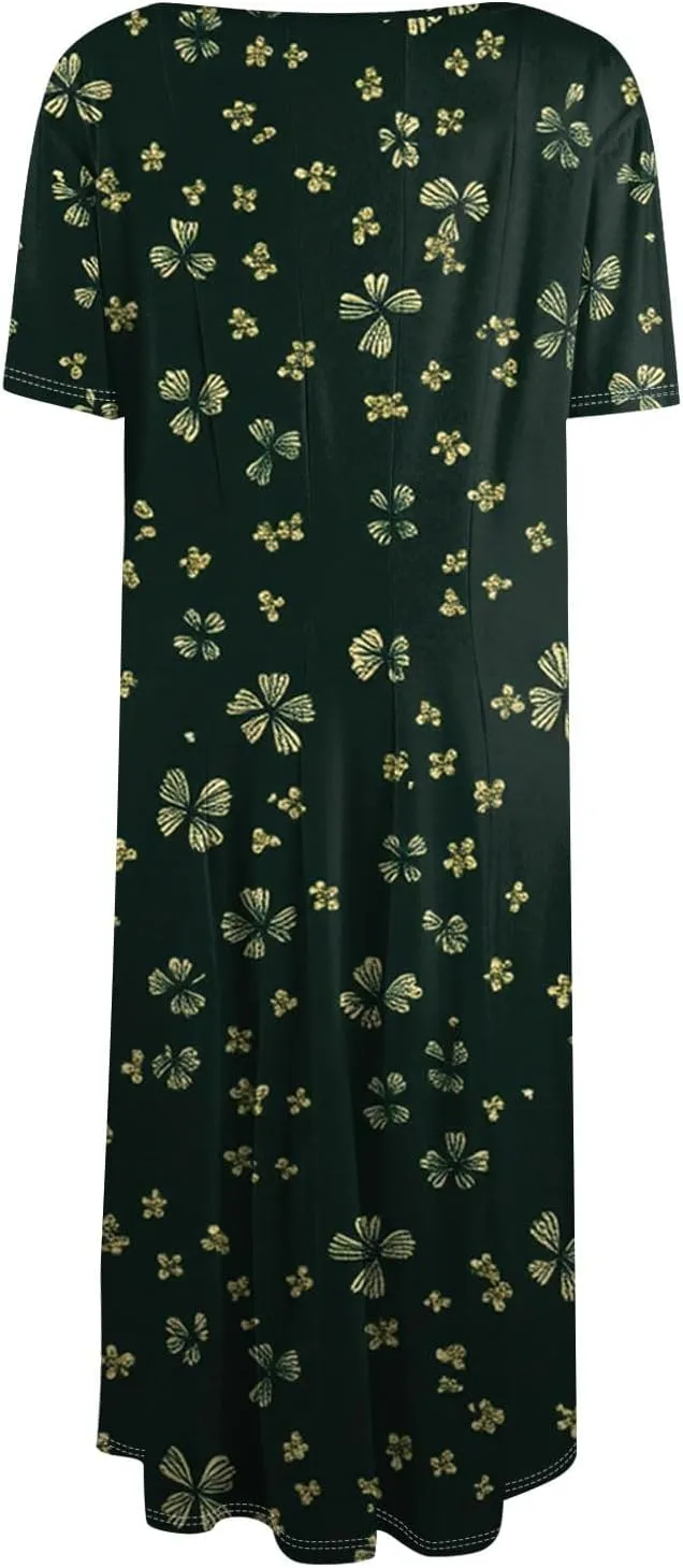Women's Floral Midi Dress Short Sleeve Casual A-Line Sundress with Pockets Elegant Summer Dress for Daily Wear