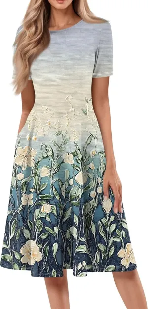 Women's Floral Midi Dress Short Sleeve Casual A-Line Sundress with Pockets Elegant Summer Dress for Daily Wear
