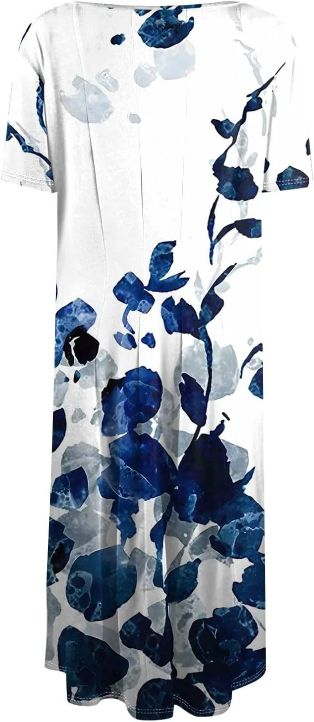 Women's Floral Midi Dress Short Sleeve Casual A-Line Sundress with Pockets Elegant Summer Dress for Daily Wear