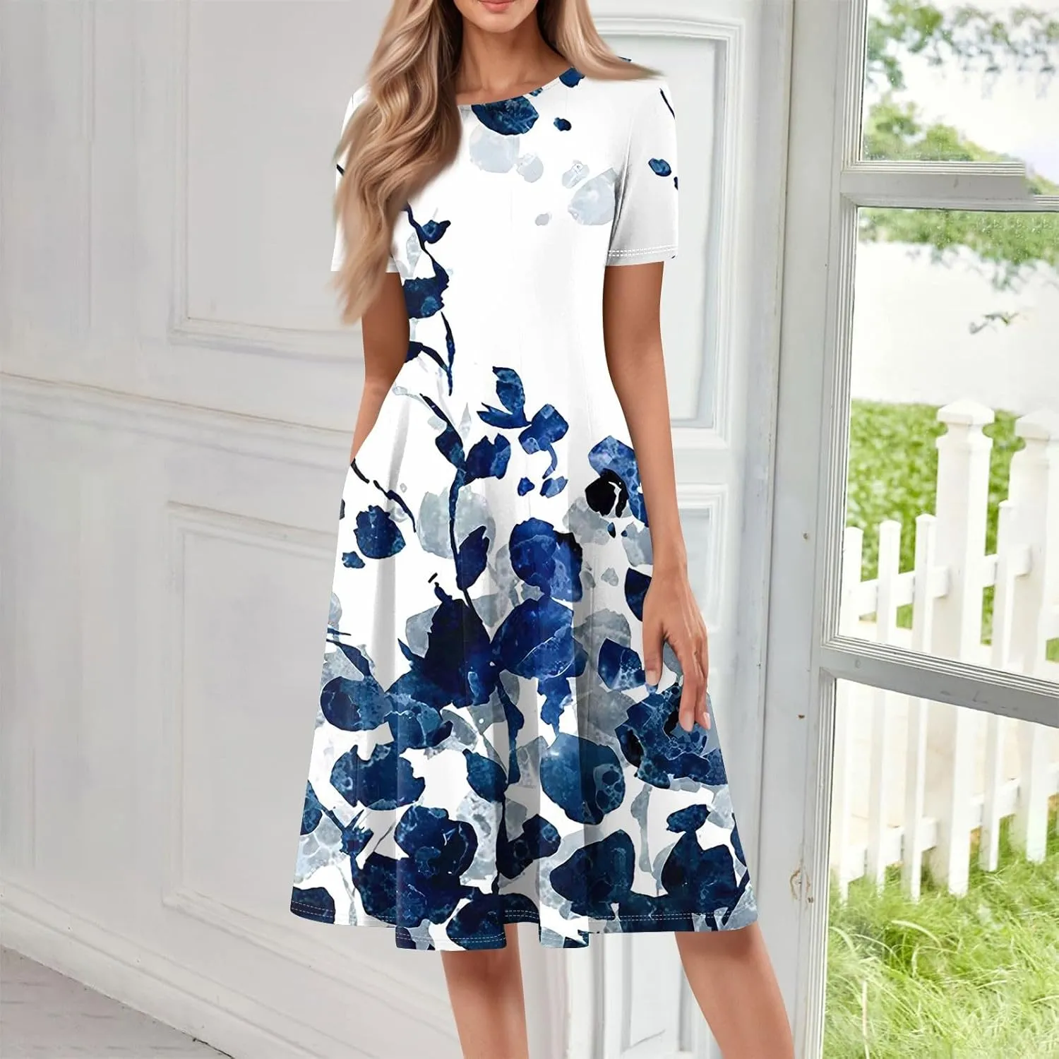 Women's Floral Midi Dress Short Sleeve Casual A-Line Sundress with Pockets Elegant Summer Dress for Daily Wear