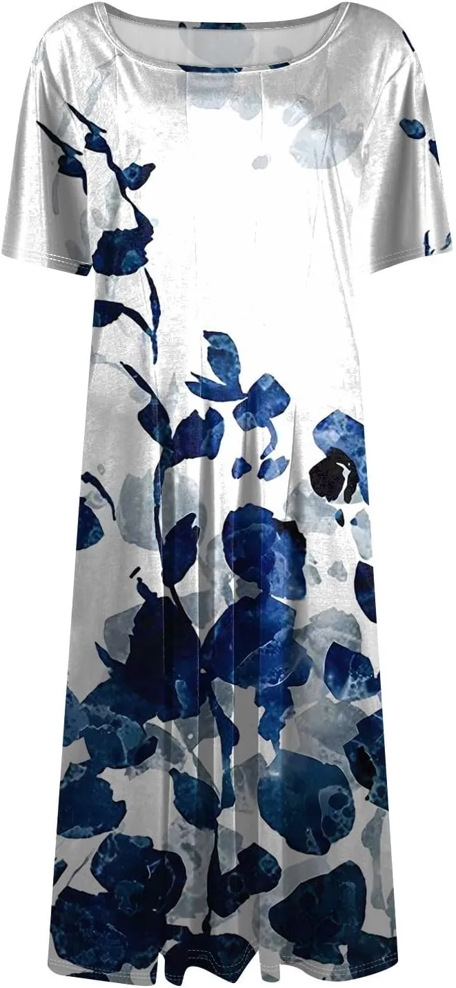 Women's Floral Midi Dress Short Sleeve Casual A-Line Sundress with Pockets Elegant Summer Dress for Daily Wear