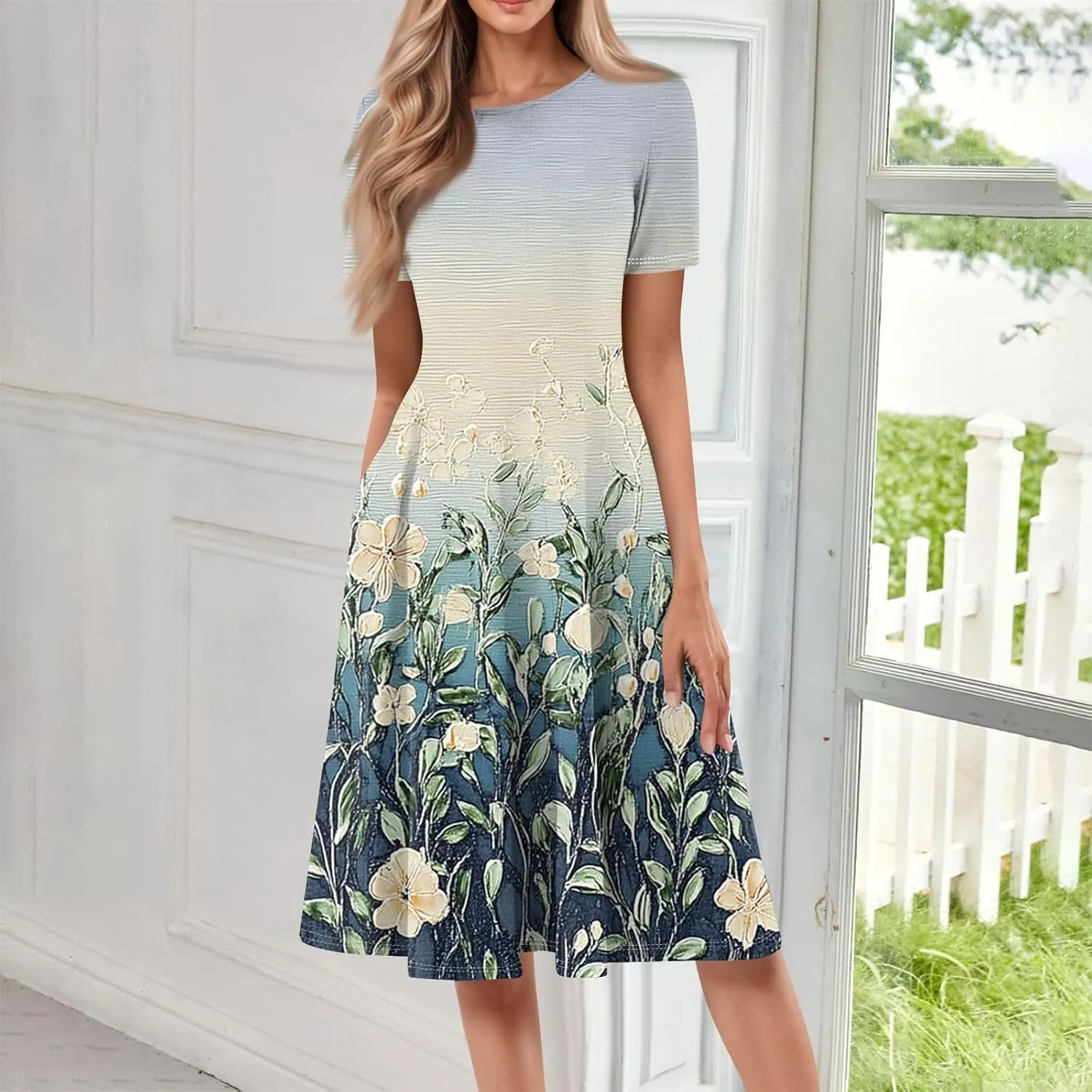 Women's Floral Midi Dress Short Sleeve Casual A-Line Sundress with Pockets Elegant Summer Dress for Daily Wear