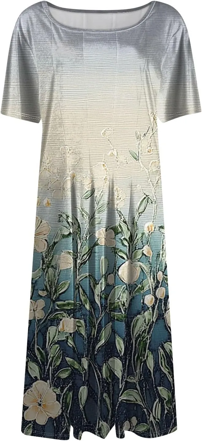 Women's Floral Midi Dress Short Sleeve Casual A-Line Sundress with Pockets Elegant Summer Dress for Daily Wear
