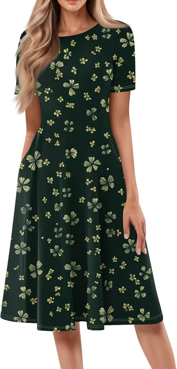 Women's Floral Midi Dress Short Sleeve Casual A-Line Sundress with Pockets Elegant Summer Dress for Daily Wear
