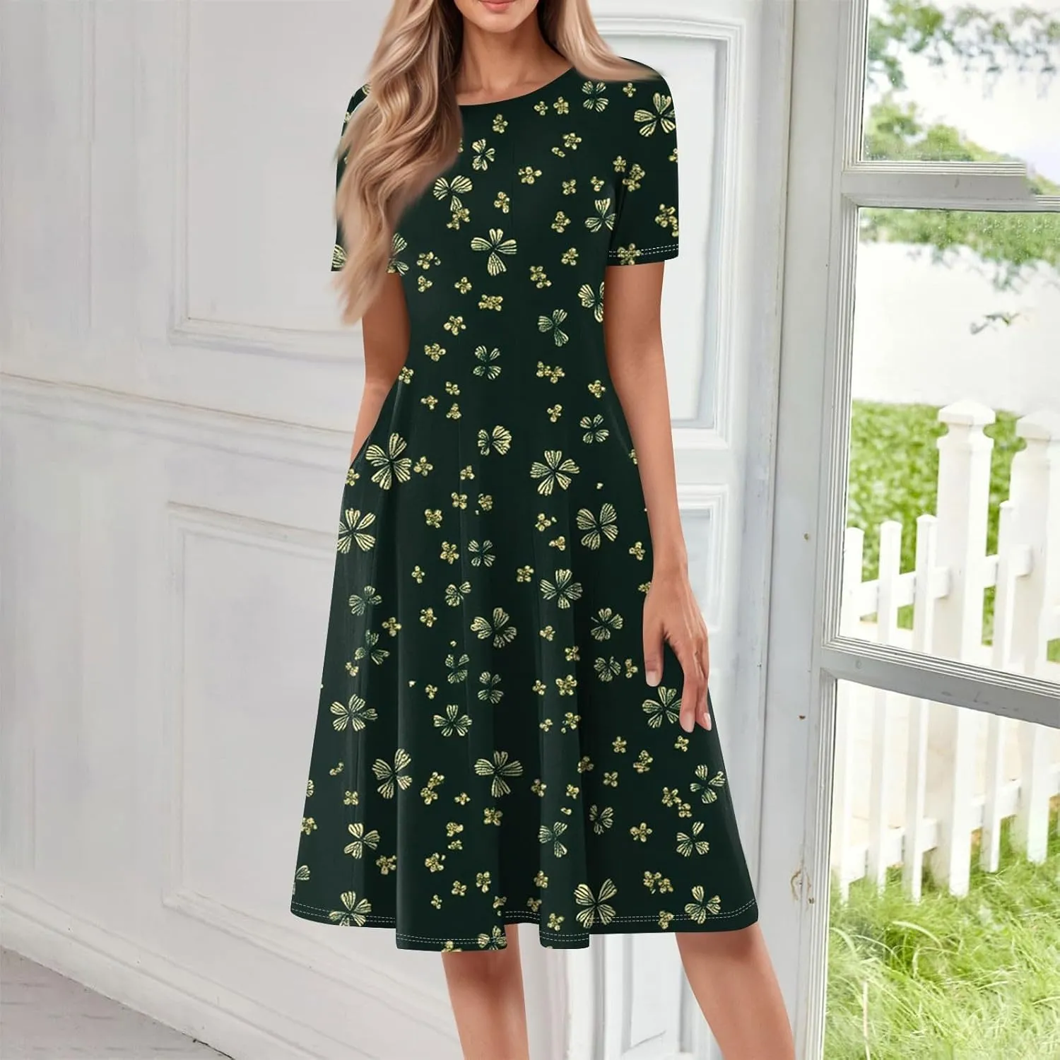 Women's Floral Midi Dress Short Sleeve Casual A-Line Sundress with Pockets Elegant Summer Dress for Daily Wear