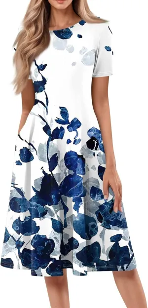 Women's Floral Midi Dress Short Sleeve Casual A-Line Sundress with Pockets Elegant Summer Dress for Daily Wear