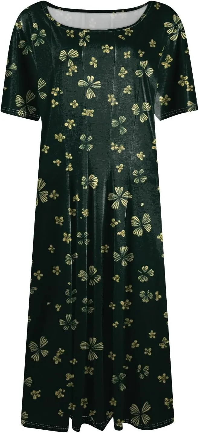Women's Floral Midi Dress Short Sleeve Casual A-Line Sundress with Pockets Elegant Summer Dress for Daily Wear