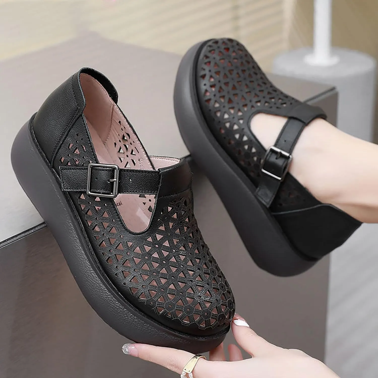 Women's Genuine Leather Hollow Out Orthotic Platform Mary Jane Sneakers Adjustable Hook and Loop T-Strap Casual Breathable Comfortable Chunky Wedge Arch Support Walking Shoes