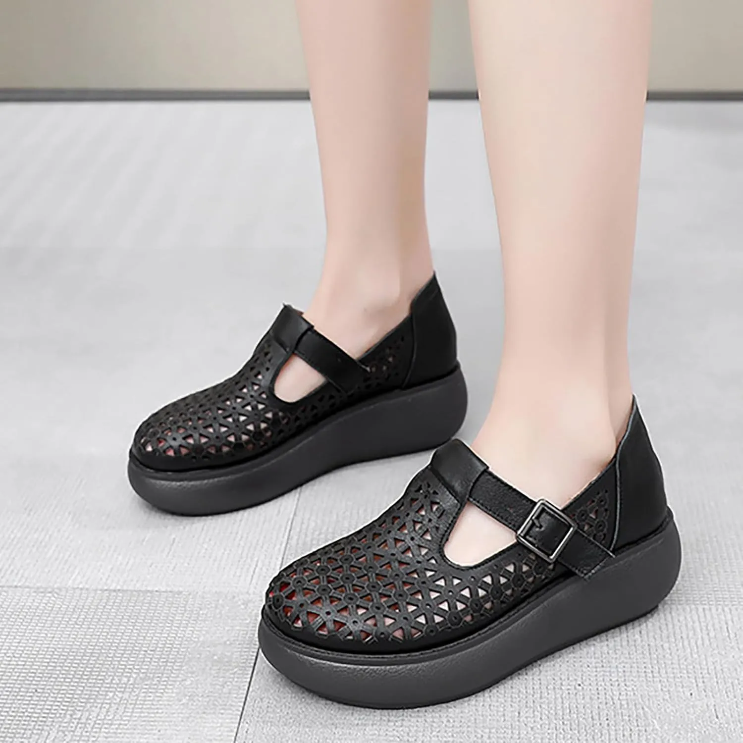 Women's Genuine Leather Hollow Out Orthotic Platform Mary Jane Sneakers Adjustable Hook and Loop T-Strap Casual Breathable Comfortable Chunky Wedge Arch Support Walking Shoes
