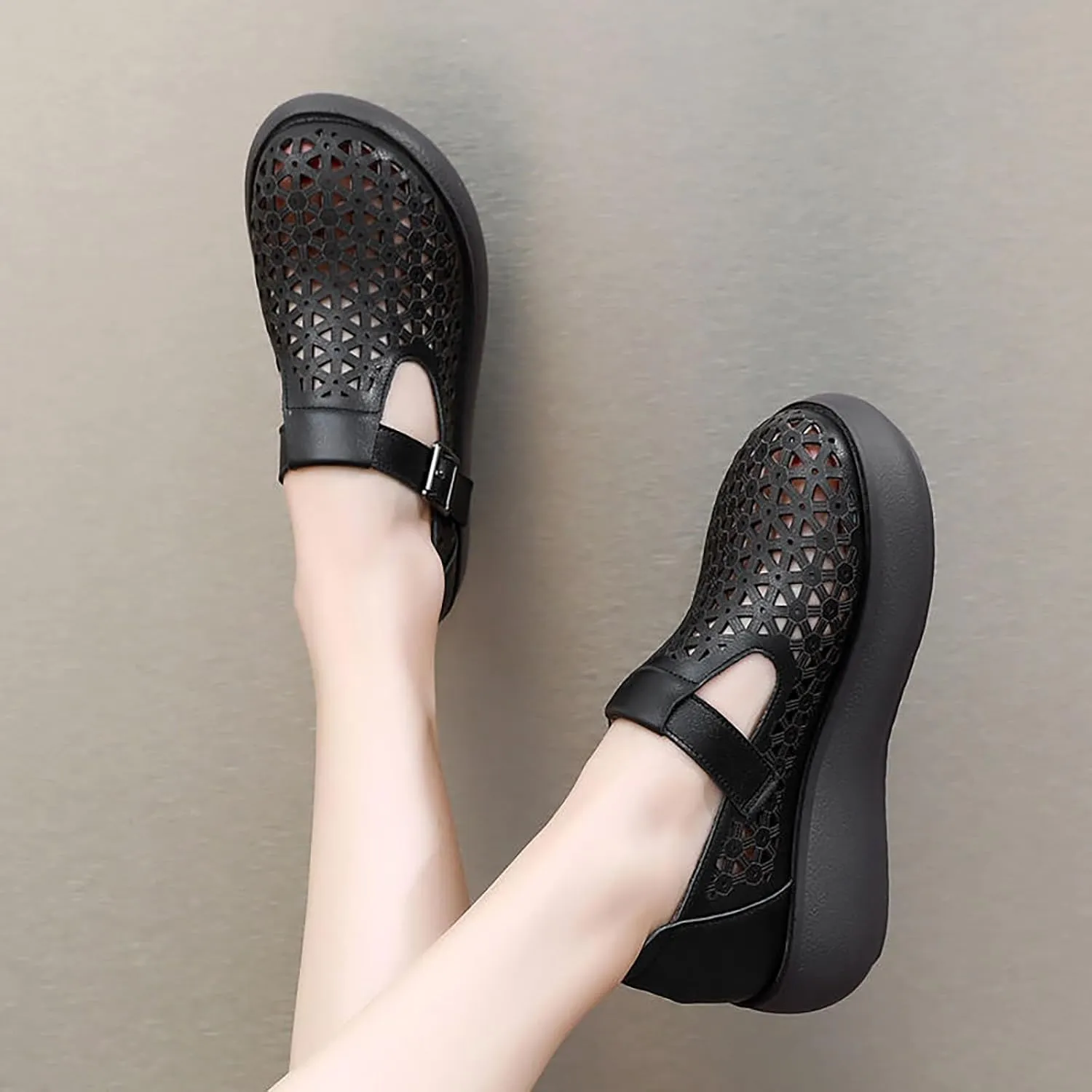 Women's Genuine Leather Hollow Out Orthotic Platform Mary Jane Sneakers Adjustable Hook and Loop T-Strap Casual Breathable Comfortable Chunky Wedge Arch Support Walking Shoes