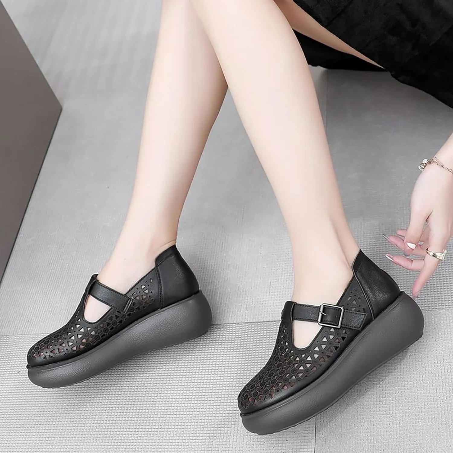 Women's Genuine Leather Hollow Out Orthotic Platform Mary Jane Sneakers Adjustable Hook and Loop T-Strap Casual Breathable Comfortable Chunky Wedge Arch Support Walking Shoes