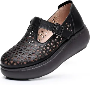 Women's Genuine Leather Hollow Out Orthotic Platform Mary Jane Sneakers Adjustable Hook and Loop T-Strap Casual Breathable Comfortable Chunky Wedge Arch Support Walking Shoes