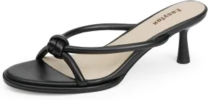 Womens Heeled Sandals Rounded Open Toe Kitten Heels Slip on Bow Mules Sandals Comfort Dress Party Shoes