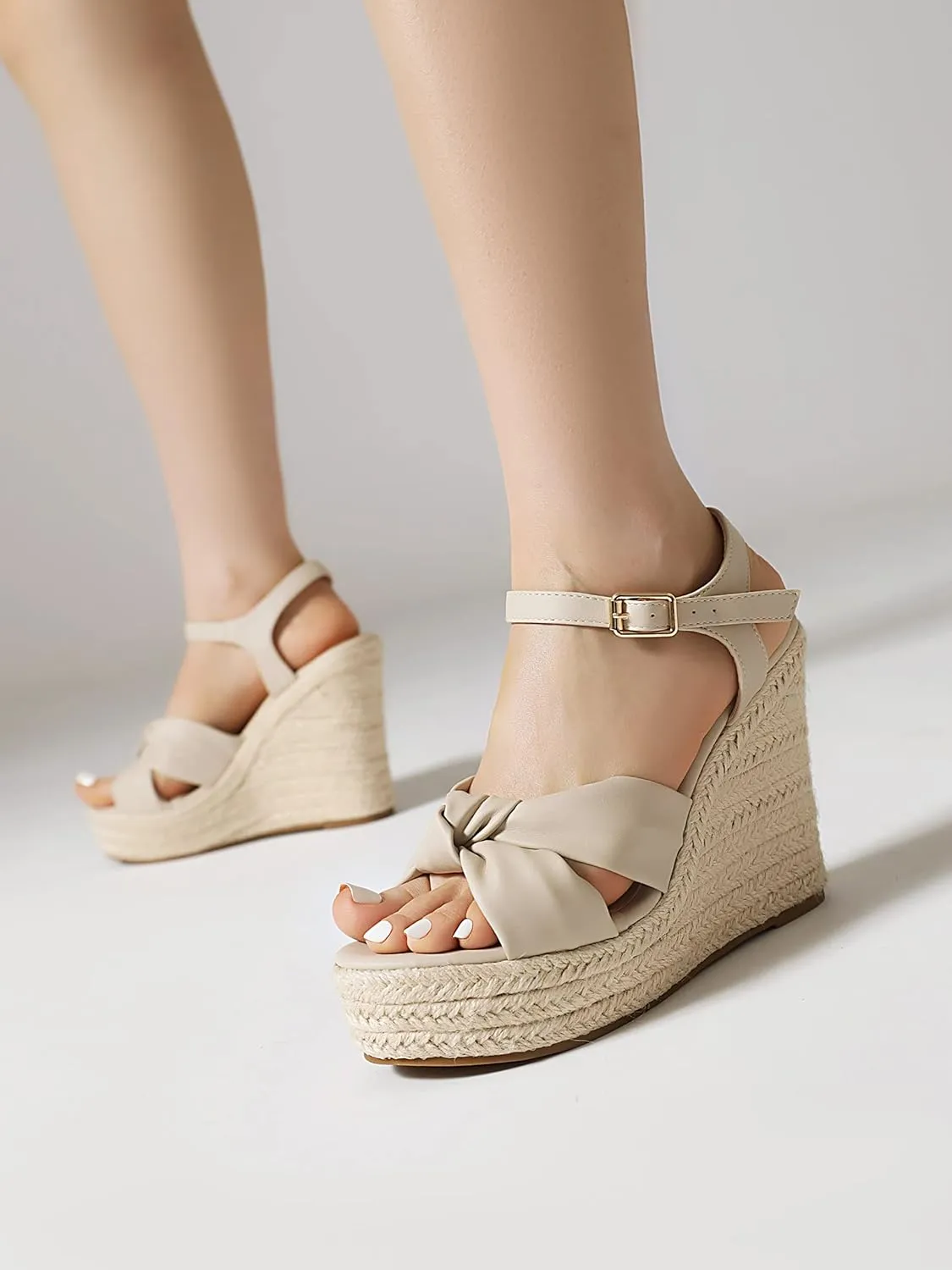Womens High Heel Espadrille Platform Wedges Sandals with Bow Tie, Cute Summer Wedge Heels with Ankle Strap, Bowknot Sandals for Women Dressy for Party