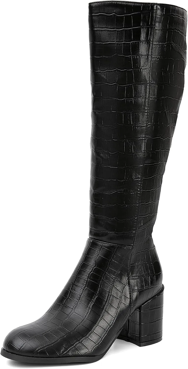 Women's Knee High Boots,Round Toe Stretchy Fashion Boots for Women, Low Block Heel Zipper Tall Boots for Wedding/Birthday Party/Date Dress