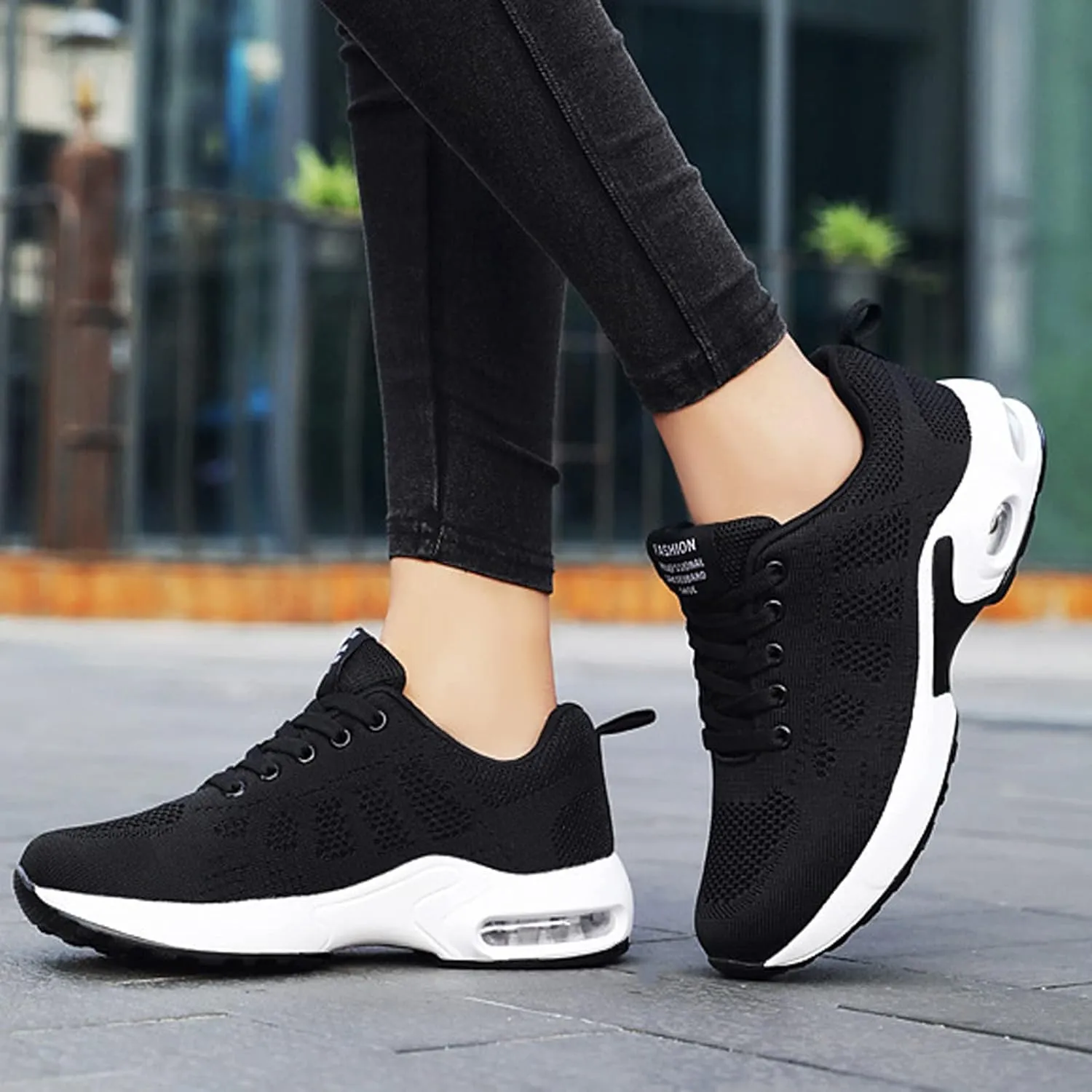 Women's Mesh Color Block Lace-Up Air Cushion Sneakers,Arch Support Non-Slip Shock-Absorbing Walking Work Shoes