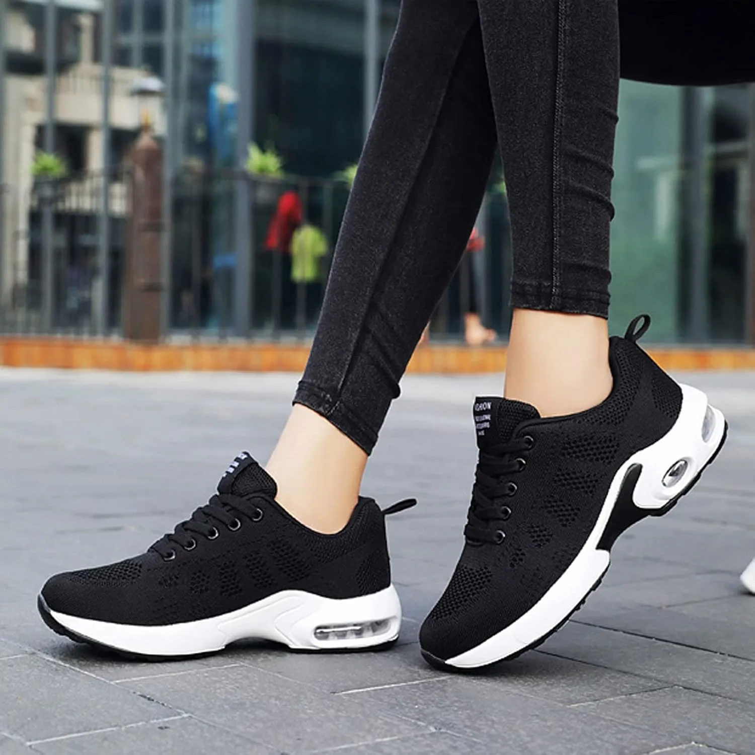 Women's Mesh Color Block Lace-Up Air Cushion Sneakers,Arch Support Non-Slip Shock-Absorbing Walking Work Shoes