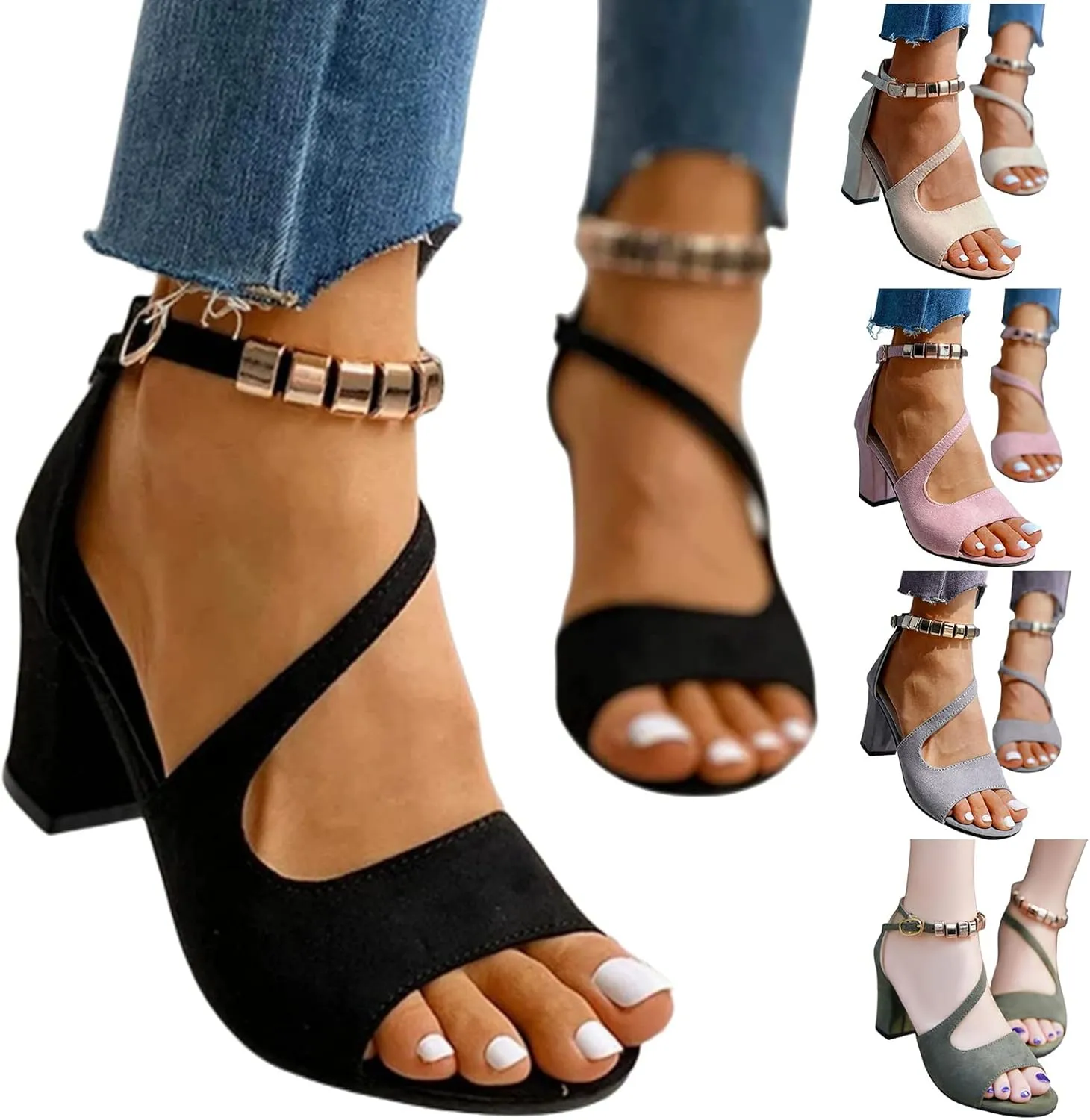 Women's Open Toe Ankle Strap Low Block Chunky Heels Sandals Fashion Fish Mouth Thick Heel Design Party Dress Wedding Pump Shoes Indoor Outdoor for Summer