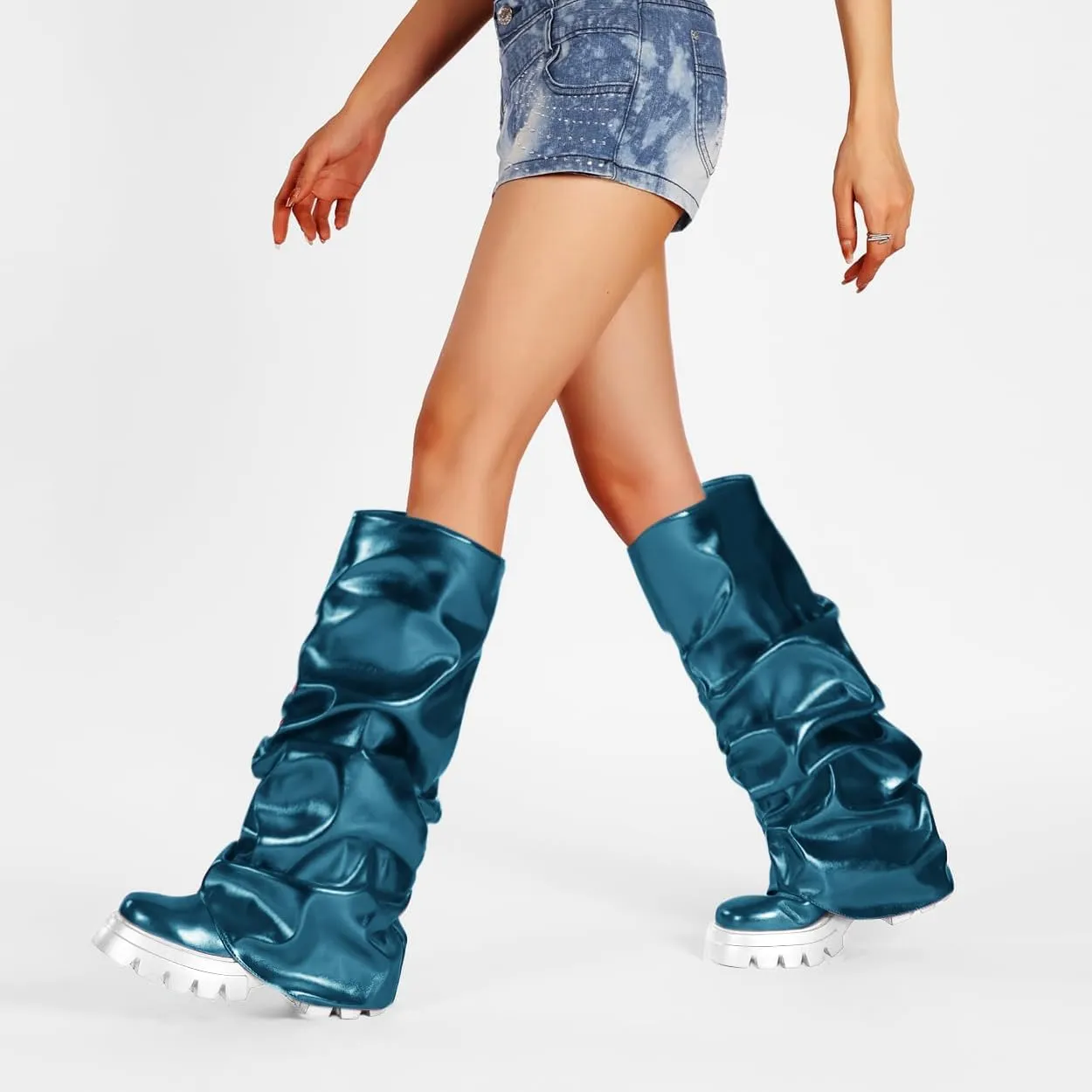 Women's Platform Round Toe Fold Over Boots Metallic Mid Calf Boots Chunky Heel Pull-On Fashion Shark Booties for Ladies Party Shoes
