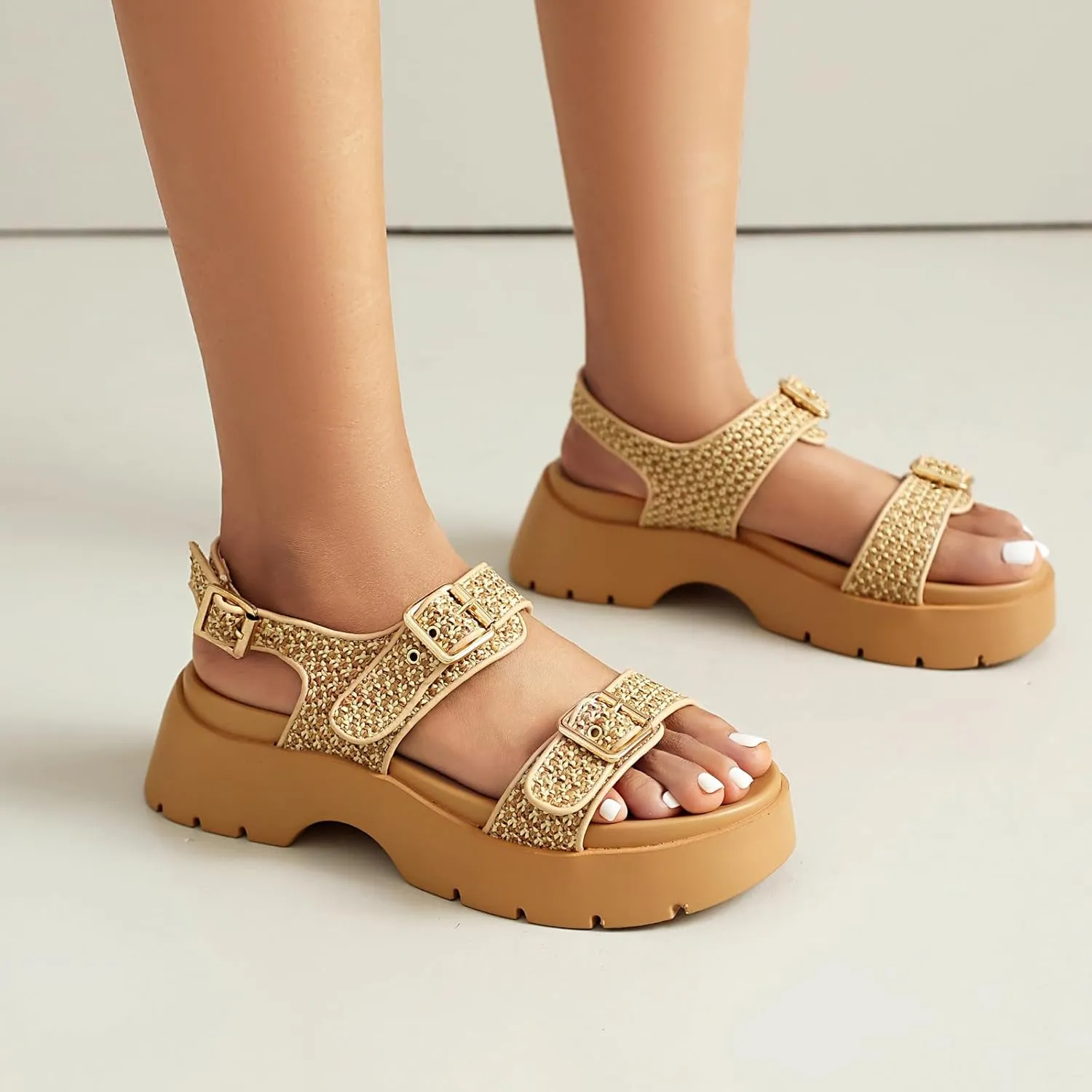 Women's Raffia Platform Sandals Adjustable Double Buckle Strap Open Toe Slingback Summer Beach Sandals Thick Sole