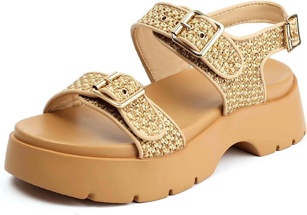 Women's Raffia Platform Sandals Adjustable Double Buckle Strap Open Toe Slingback Summer Beach Sandals Thick Sole