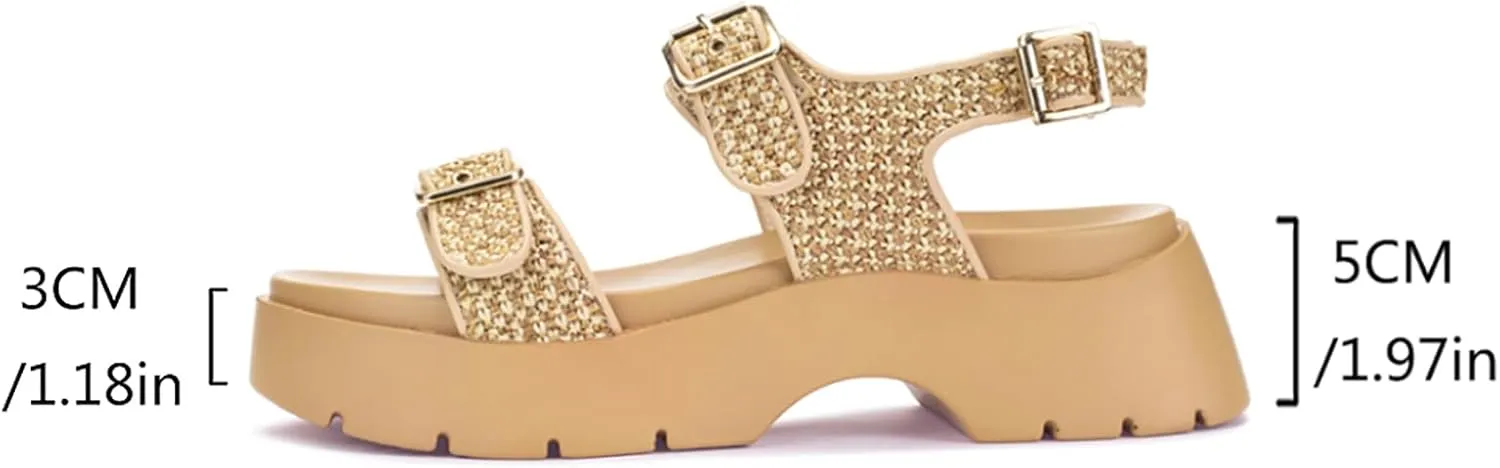 Women's Raffia Platform Sandals Adjustable Double Buckle Strap Open Toe Slingback Summer Beach Sandals Thick Sole