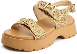 Women's Raffia Platform Sandals Adjustable Double Buckle Strap Open Toe Slingback Summer Beach Sandals Thick Sole