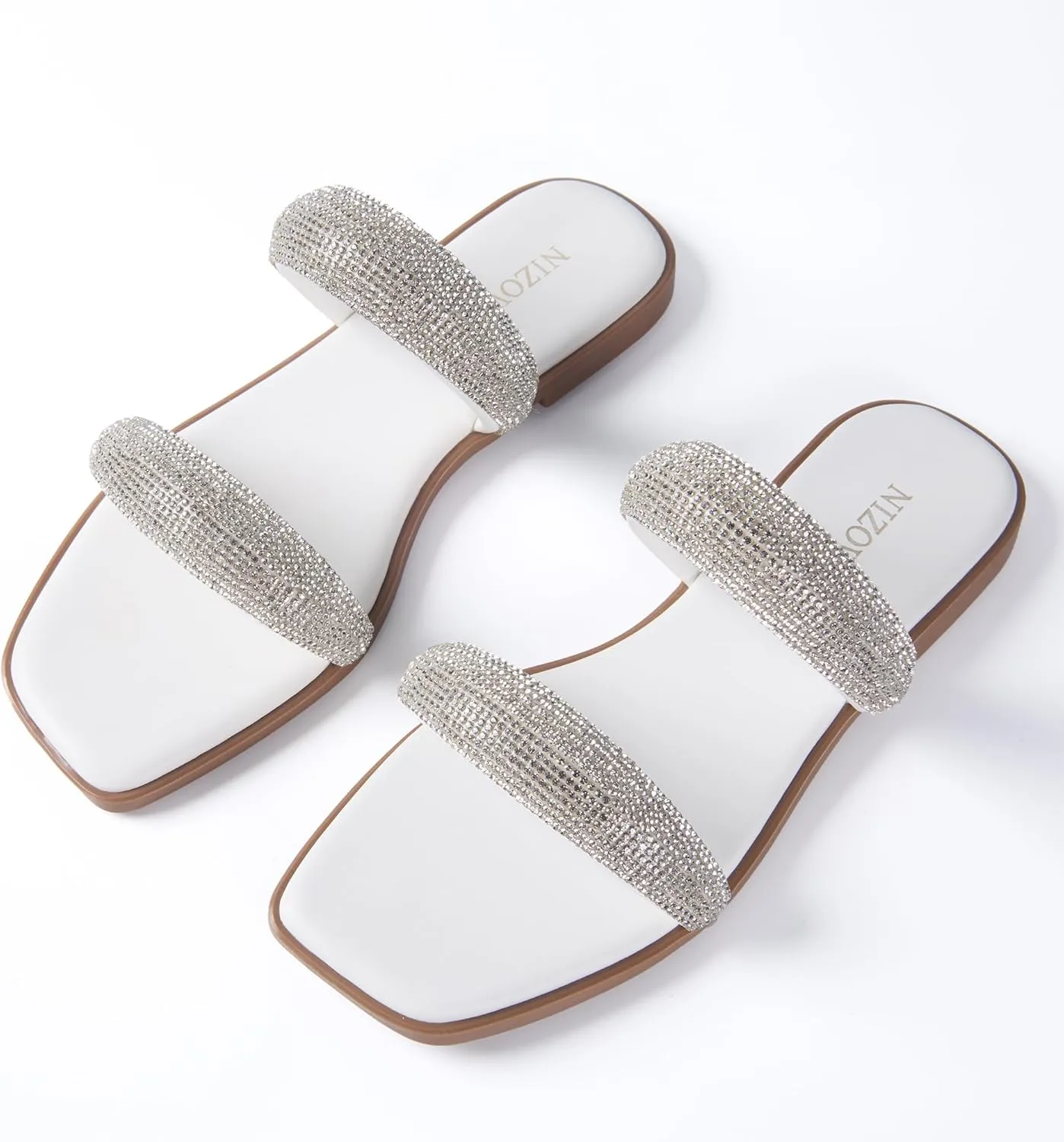 Women's Rhinestone Flat Sandals for Women Slip On Square Open Toe Slides Sandals Sparkly Cute Two Strap Flat Dressy Wedding Summer