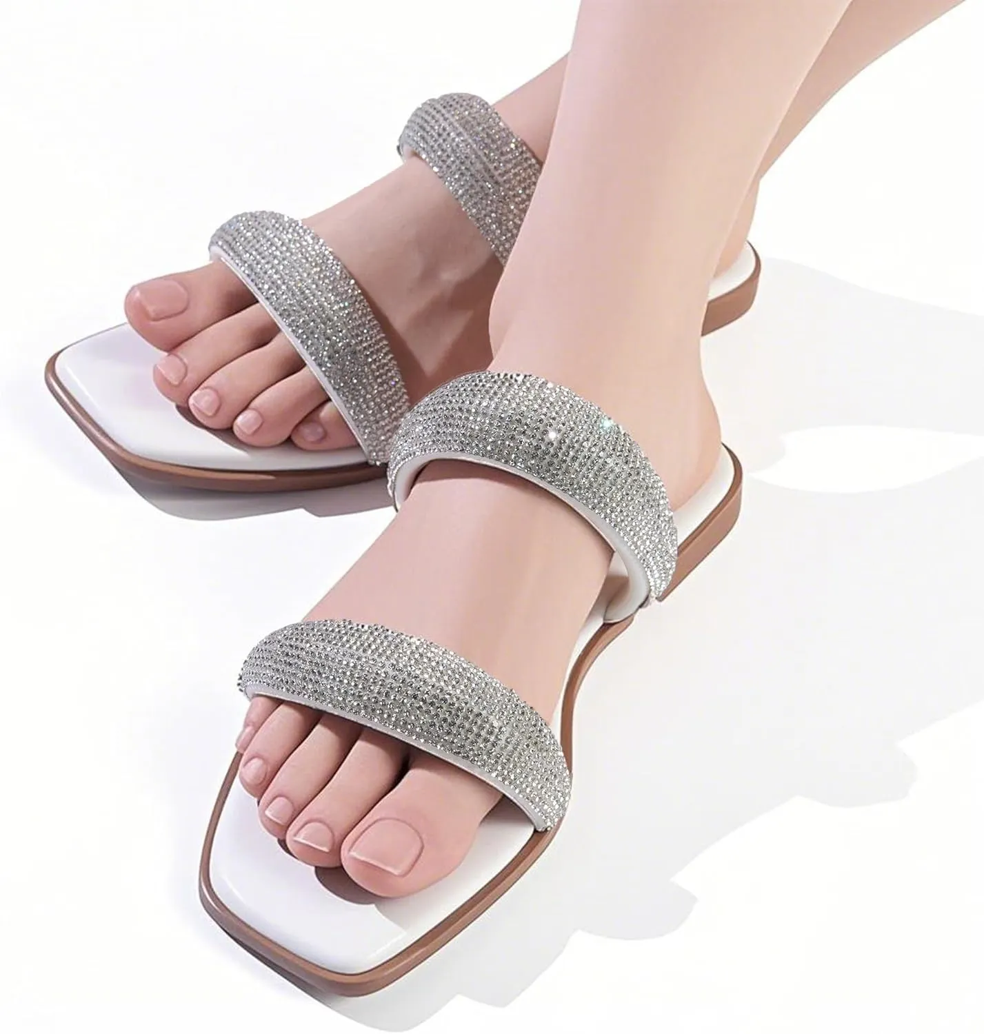 Women's Rhinestone Flat Sandals for Women Slip On Square Open Toe Slides Sandals Sparkly Cute Two Strap Flat Dressy Wedding Summer