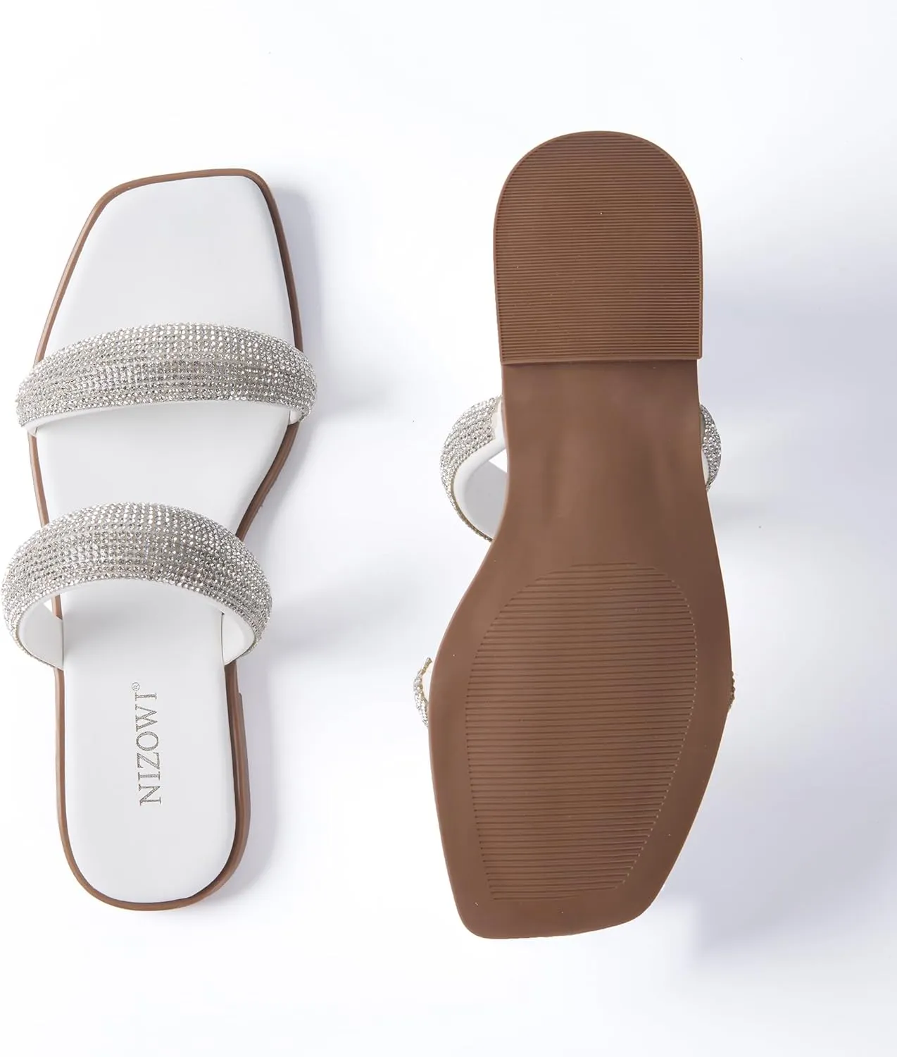 Women's Rhinestone Flat Sandals for Women Slip On Square Open Toe Slides Sandals Sparkly Cute Two Strap Flat Dressy Wedding Summer