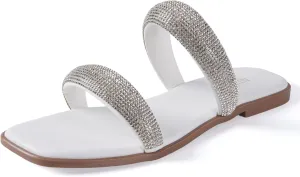 Women's Rhinestone Flat Sandals for Women Slip On Square Open Toe Slides Sandals Sparkly Cute Two Strap Flat Dressy Wedding Summer