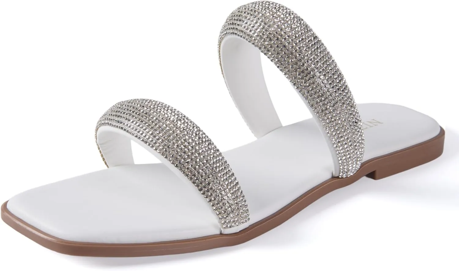 Women's Rhinestone Flat Sandals for Women Slip On Square Open Toe Slides Sandals Sparkly Cute Two Strap Flat Dressy Wedding Summer