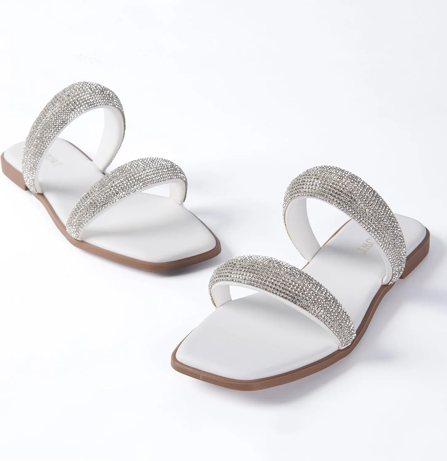 Women's Rhinestone Flat Sandals for Women Slip On Square Open Toe Slides Sandals Sparkly Cute Two Strap Flat Dressy Wedding Summer