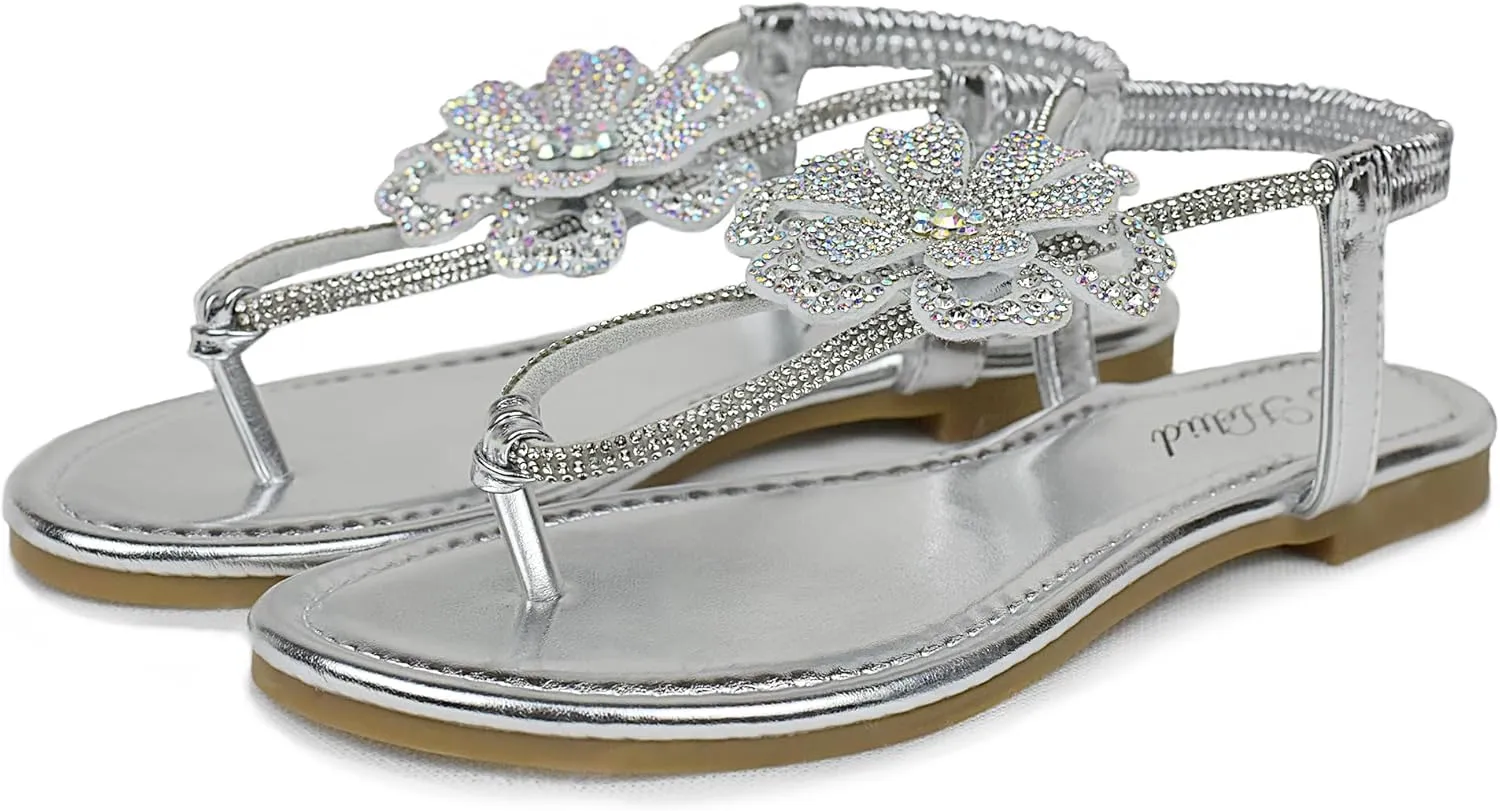 Women's Rhinestone Thong Flat Sandals T-Strap Flower Boho Wedding Dressy Sandals
