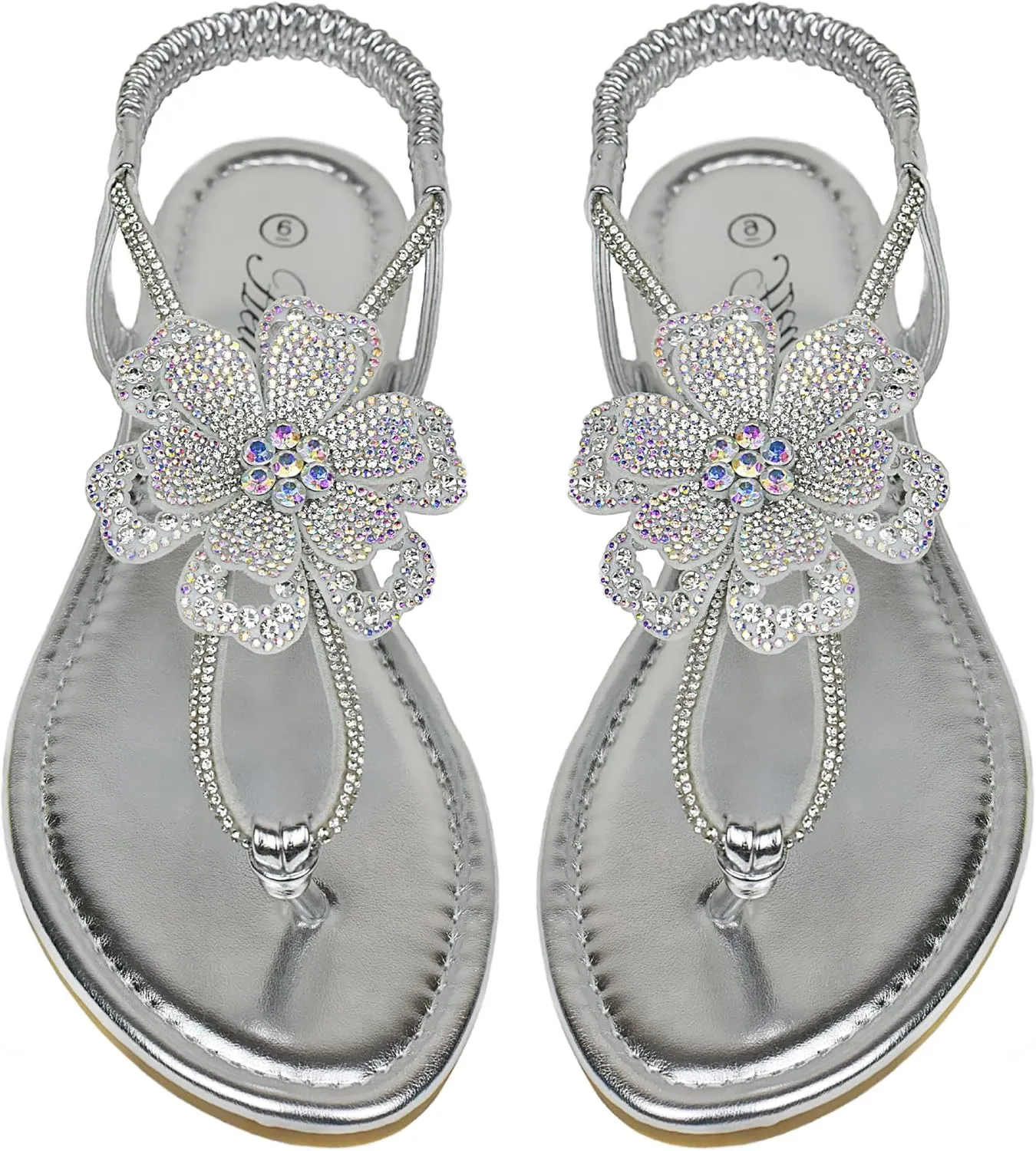 Women's Rhinestone Thong Flat Sandals T-Strap Flower Boho Wedding Dressy Sandals