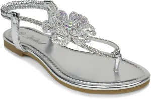 Women's Rhinestone Thong Flat Sandals T-Strap Flower Boho Wedding Dressy Sandals