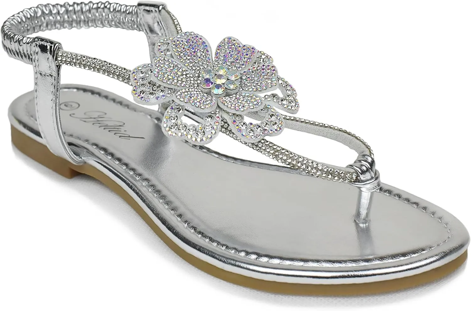Women's Rhinestone Thong Flat Sandals T-Strap Flower Boho Wedding Dressy Sandals