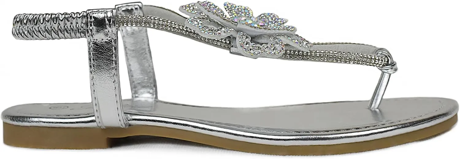 Women's Rhinestone Thong Flat Sandals T-Strap Flower Boho Wedding Dressy Sandals